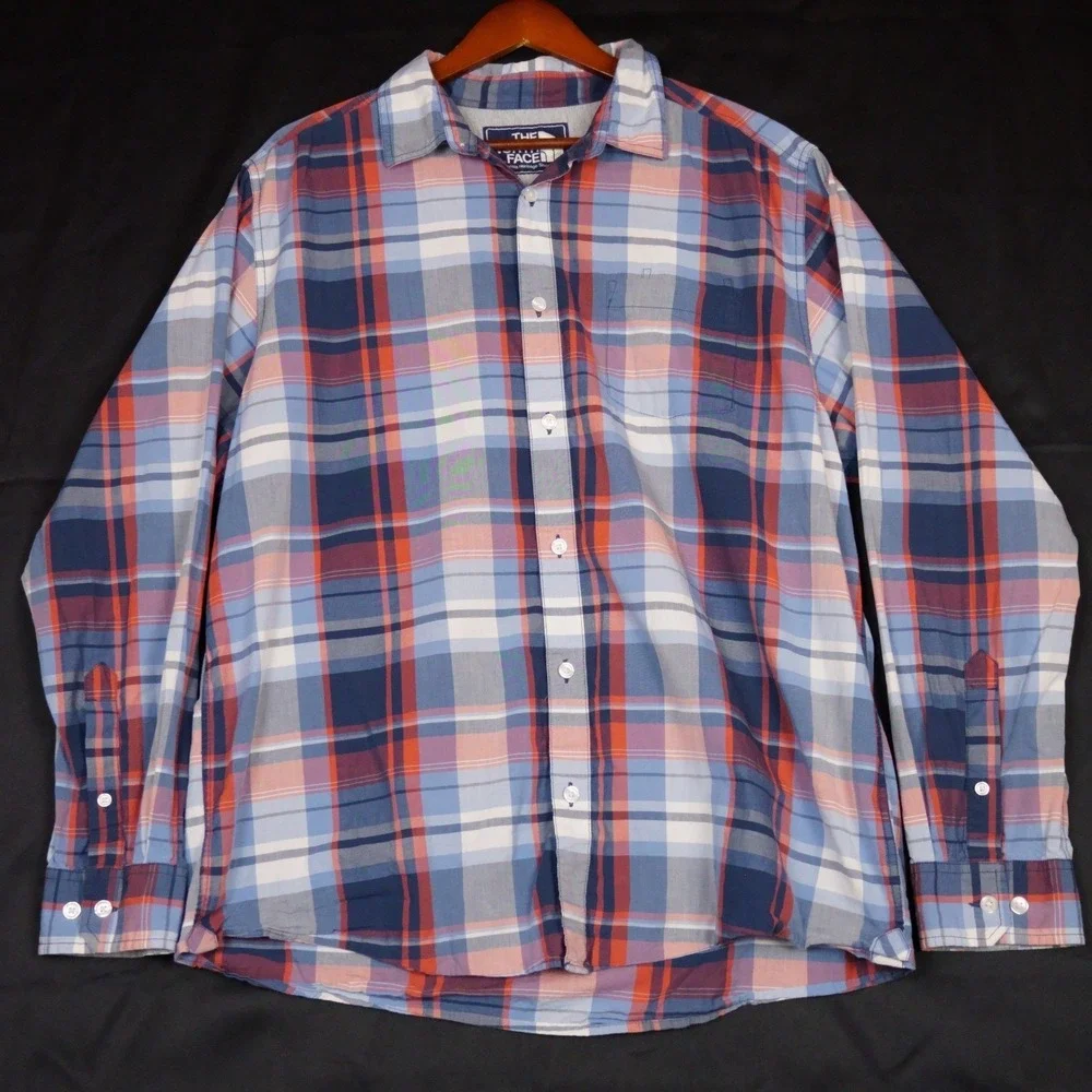 The North Face Button Down Shirt Mens XL Blue Orange Plaid Outdoor Cotton Blend